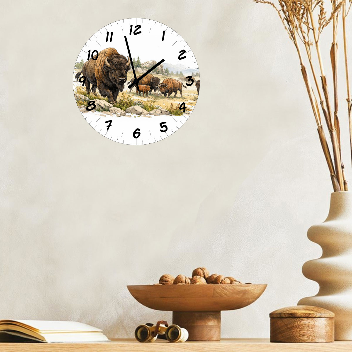 Horloge murale bisons en verre 29 cm