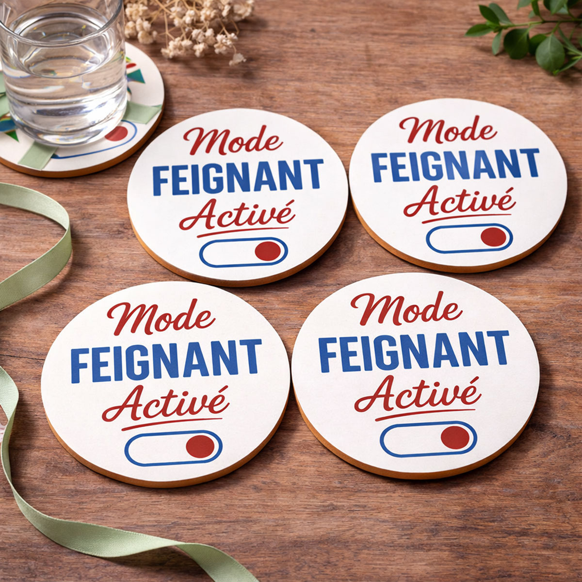 Set de 4 dessous-de-verre humour Mode Feignant Activ�