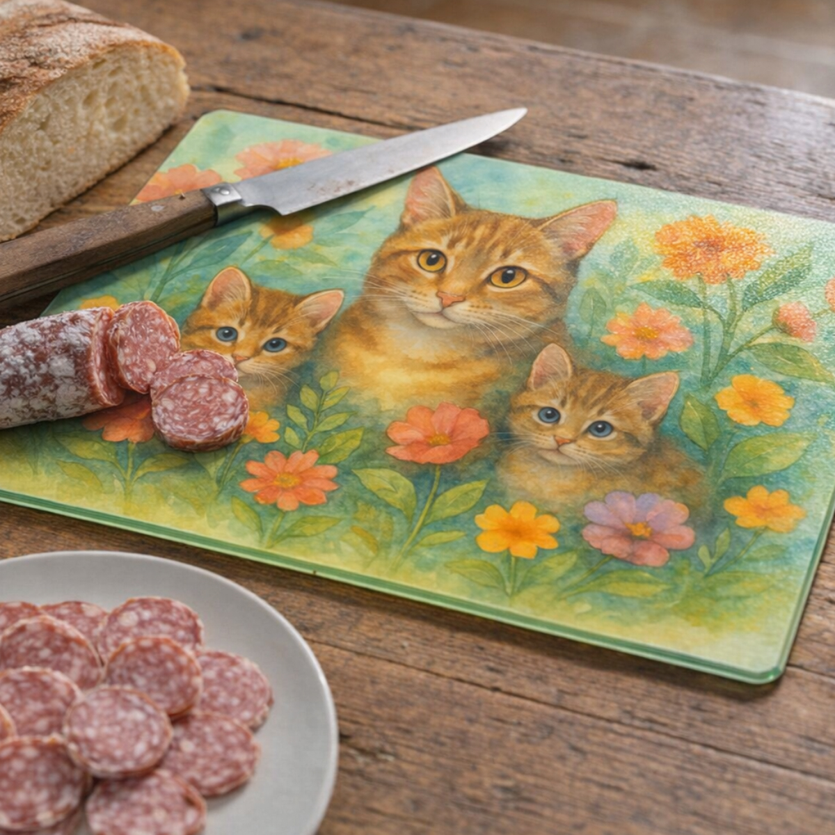 Planche � d�couper en verre chats fleurs 28,5 � 20 cm