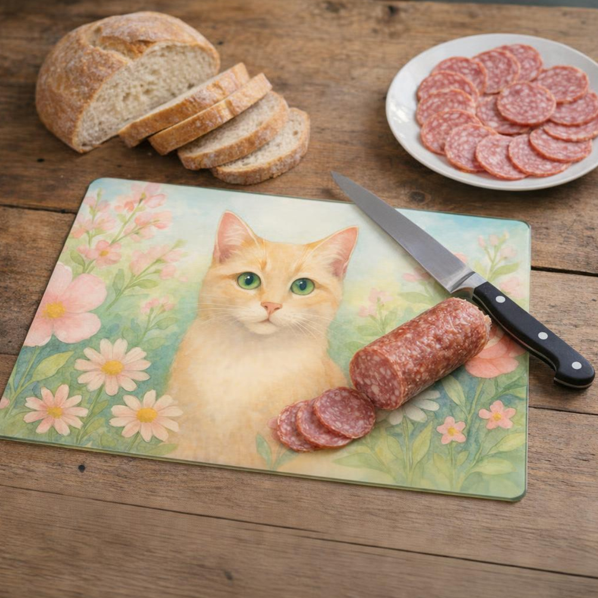 Planche � d�couper en verre chat fleurs 28,5 � 20 cm