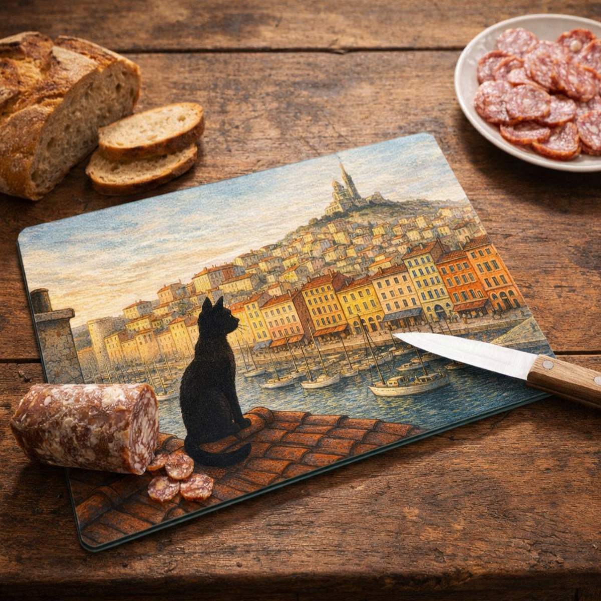 Planche � d�couper en verre chats de Marseille 28,5 � 20 cm