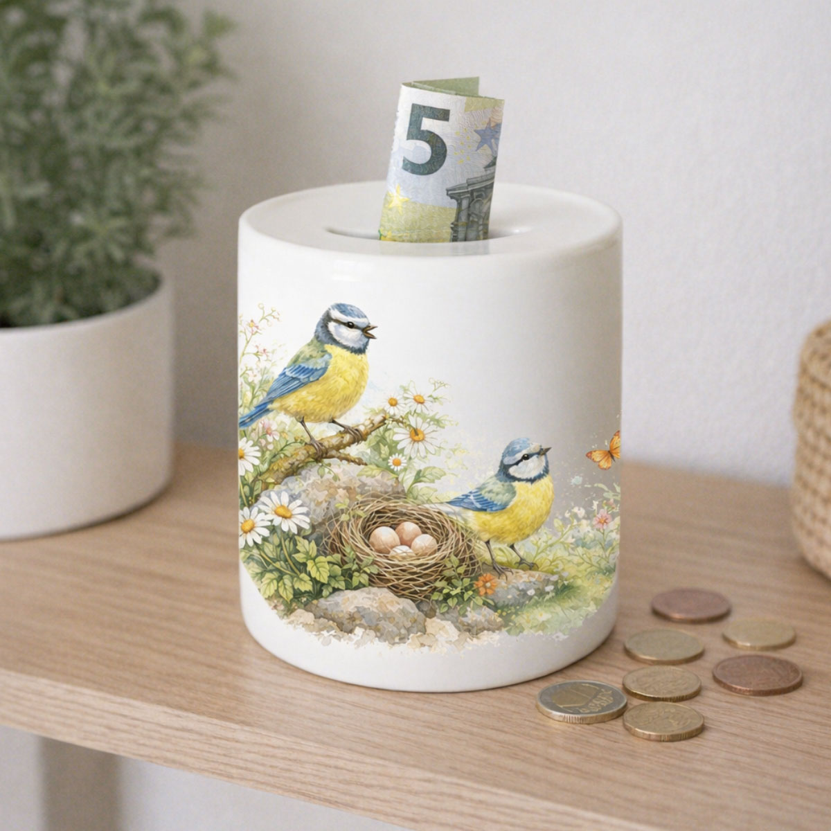 Tirelire m�sanges bleues en c�ramique 9,5 cm