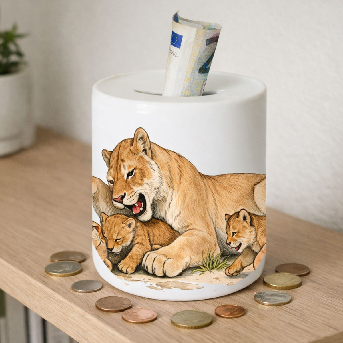 Tirelire lionne dans la savane en c�ramique 9,5 cm