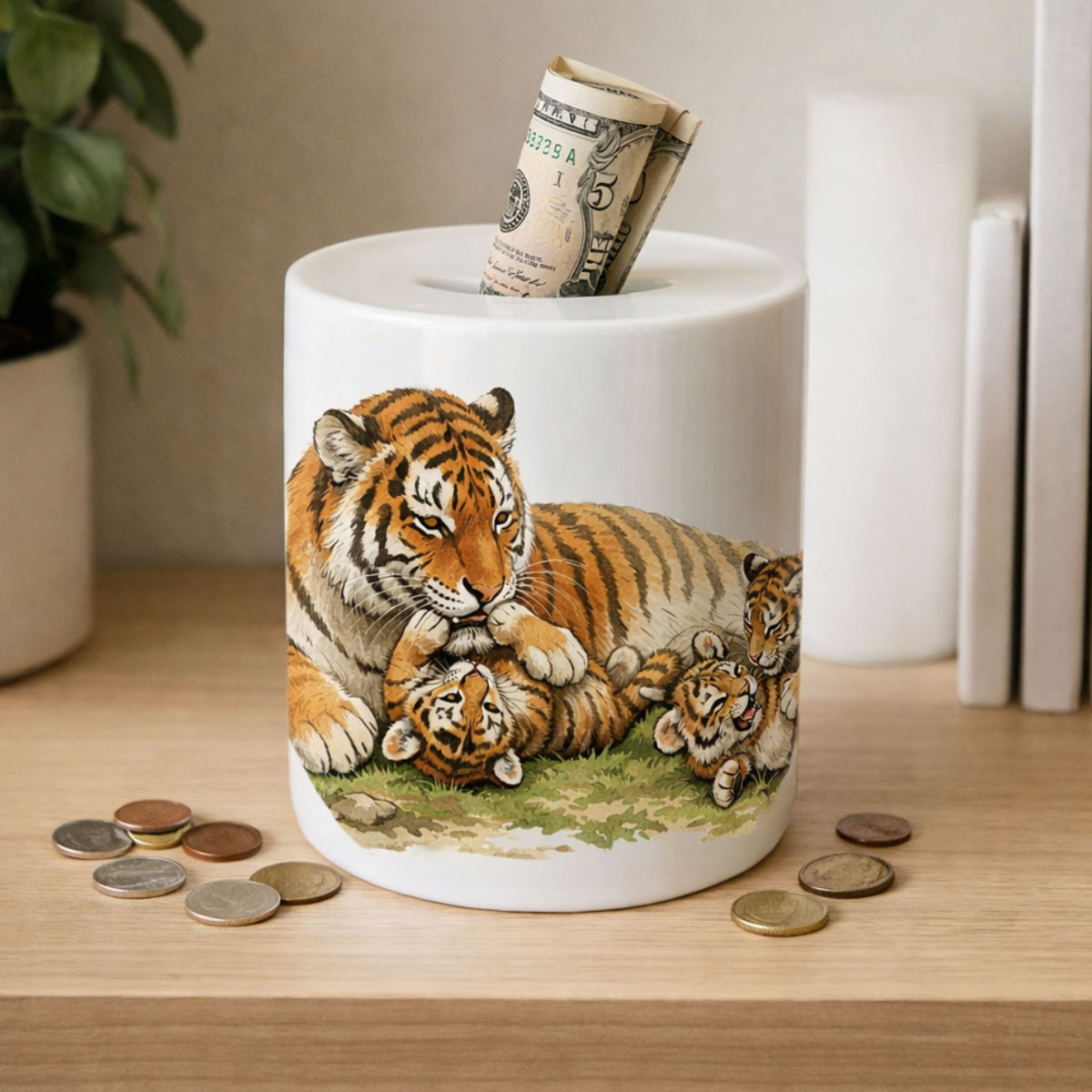 Tirelire tigres dans la savane en c�ramique 9,5 cm