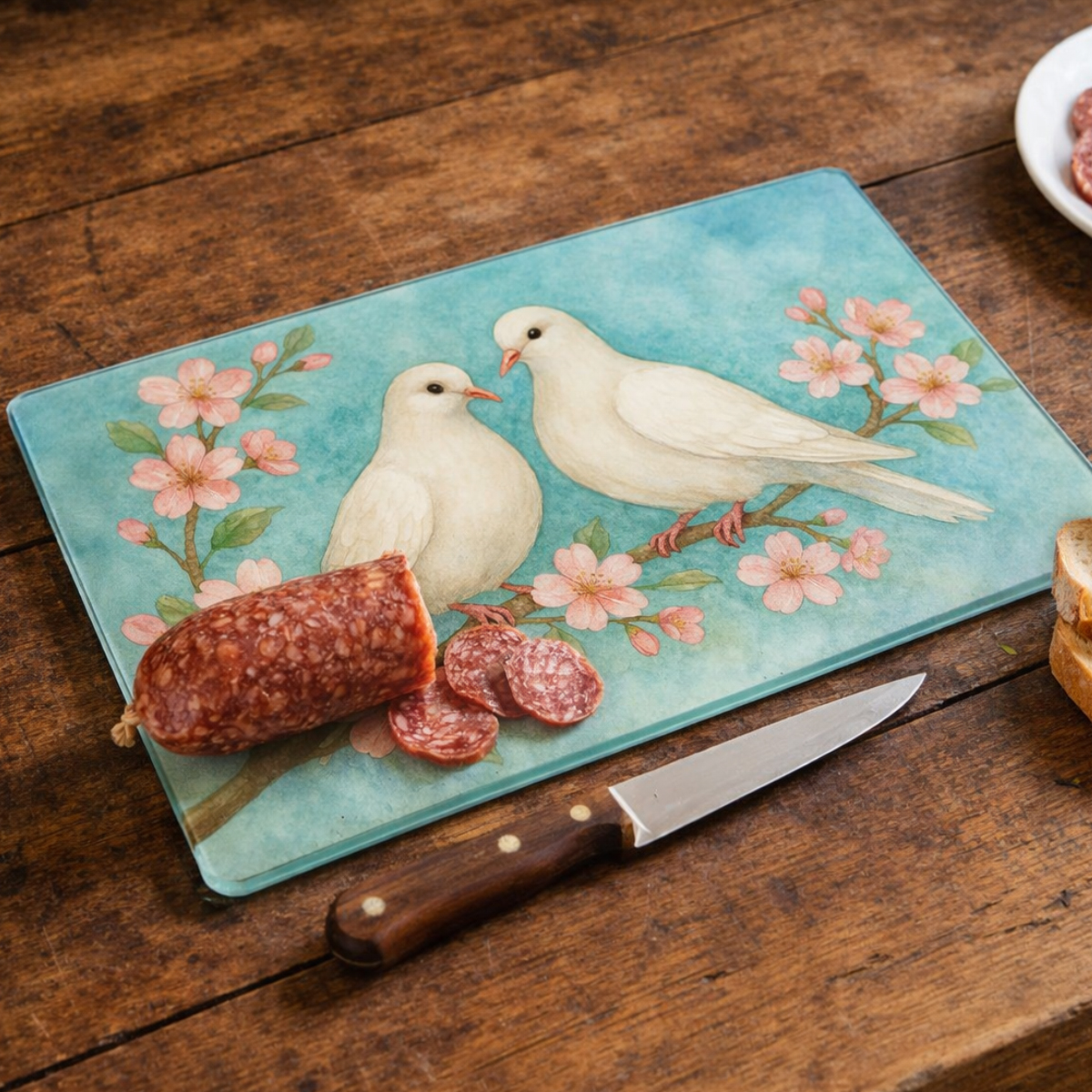 Planche � d�couper verre deux colombes 28,5 x 20 cm