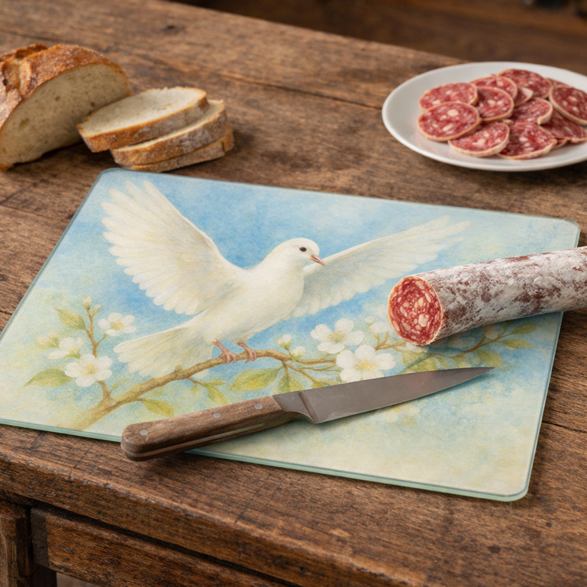 Planche � d�couper verre colombe blanche aux ailes 28,5 x 20 cm