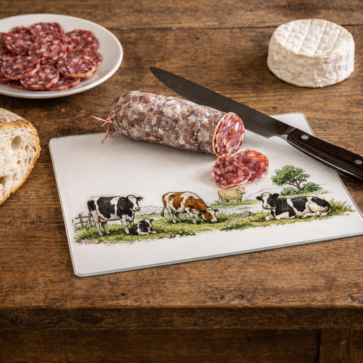 Planche � d�couper verre vaches dans le prairie 28,5 x 20 cm