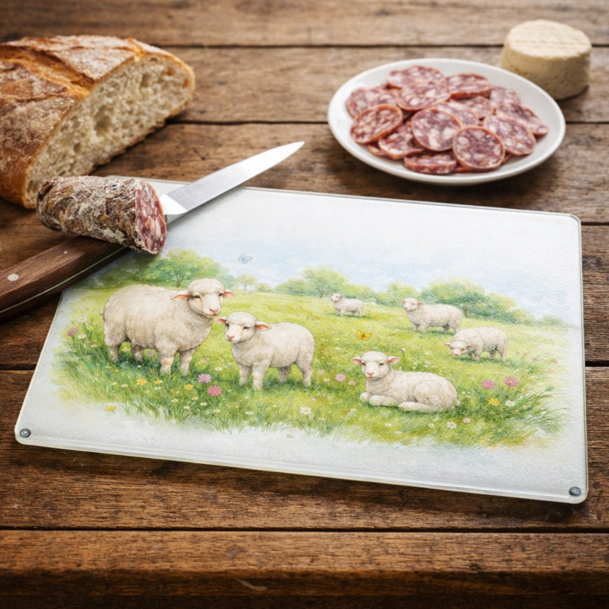 Planche � d�couper verre moutons dans le prairie 28,5 x 20 cm