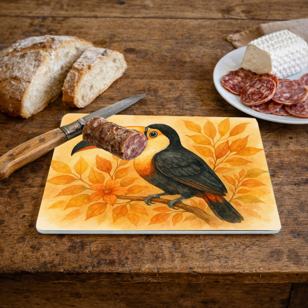 Planche � d�couper en verre toucan en automne 28,5 x 20 cm