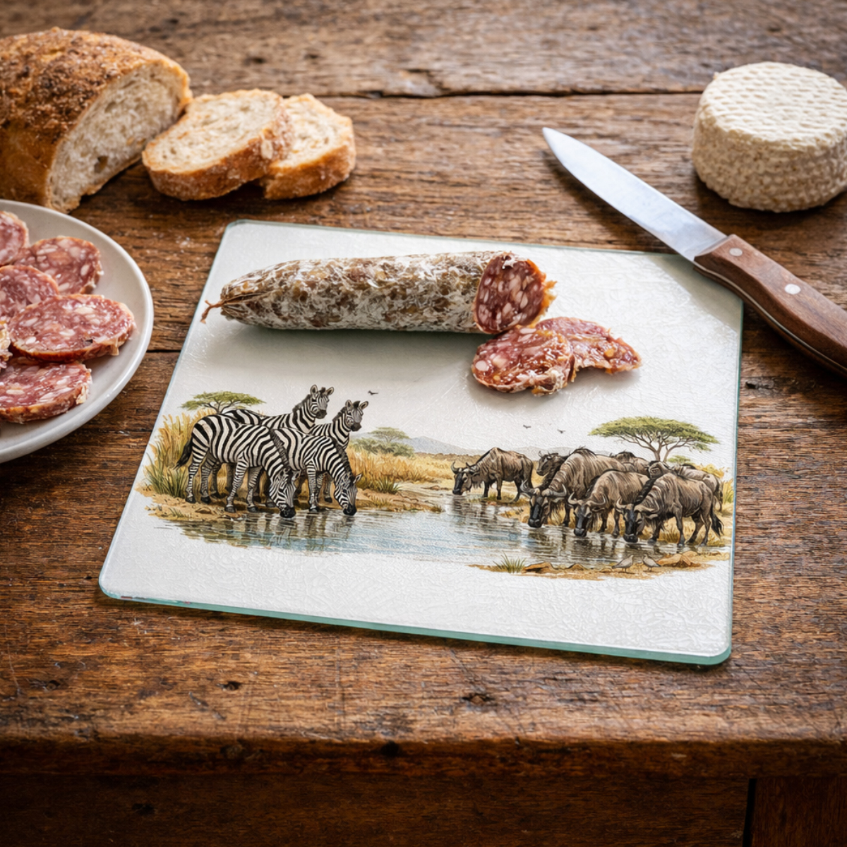 Planche � d�couper en verre z�bres et les gnous 28,5 � 20 cm