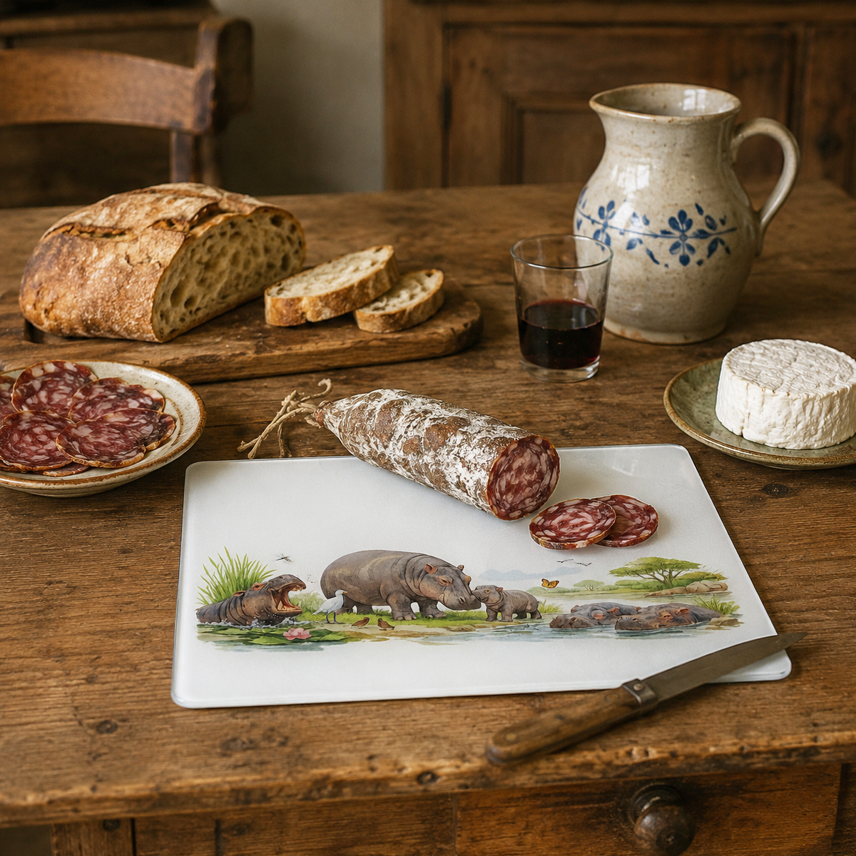 Planche � d�couper en verre Hippopotames 28,5 � 20 cm