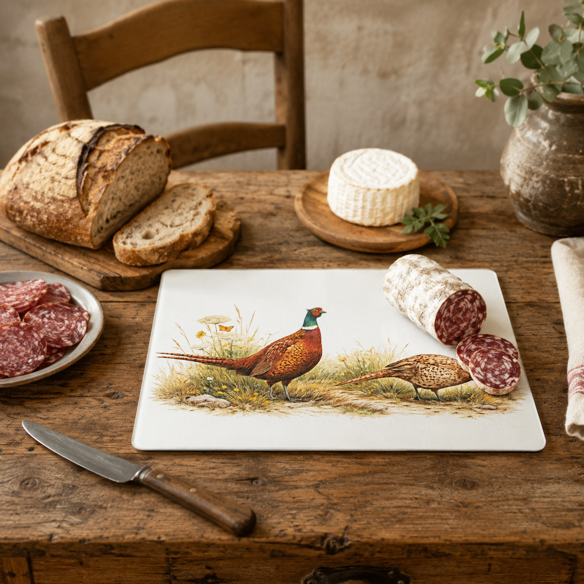 Planche � d�couper en verre faisans 28,5 � 20 cm