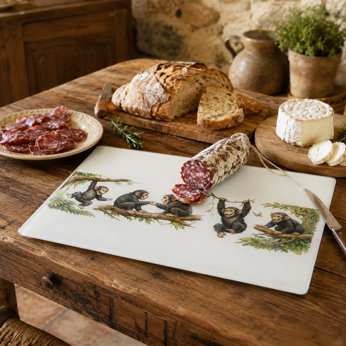Planche � d�couper en verre chimpanz�s 28,5 � 20 cm