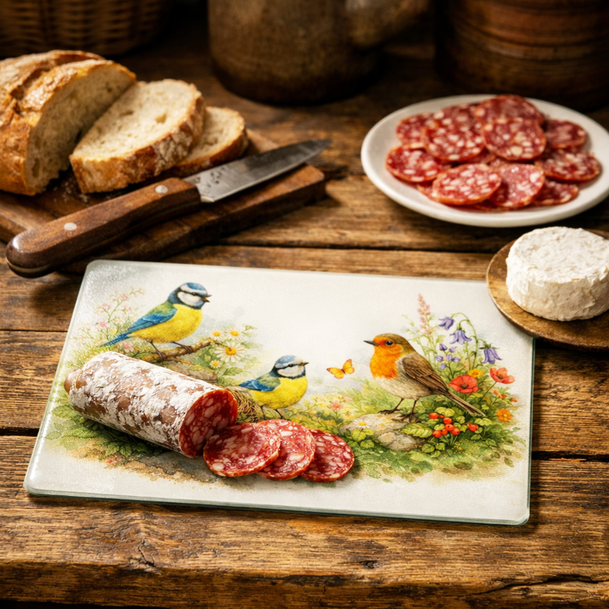 Planche � d�couper en verre m�sanges 28,5 x 20 cm