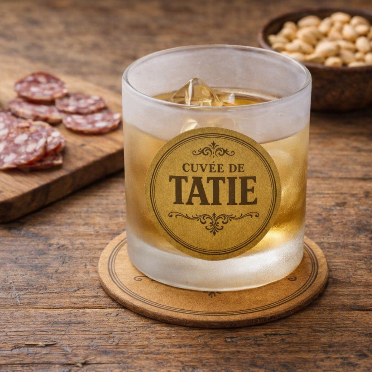 Verre cuv�e de Tatie avec sous-verre assorti