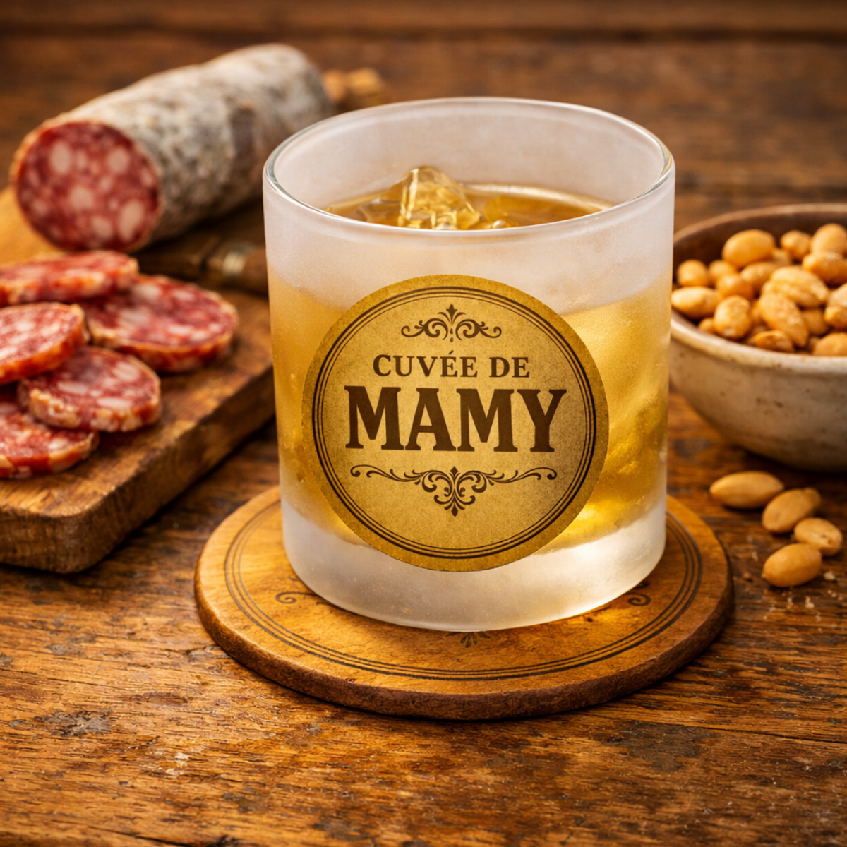 Verre cuv�e de Mamy avec sous-verre assorti
