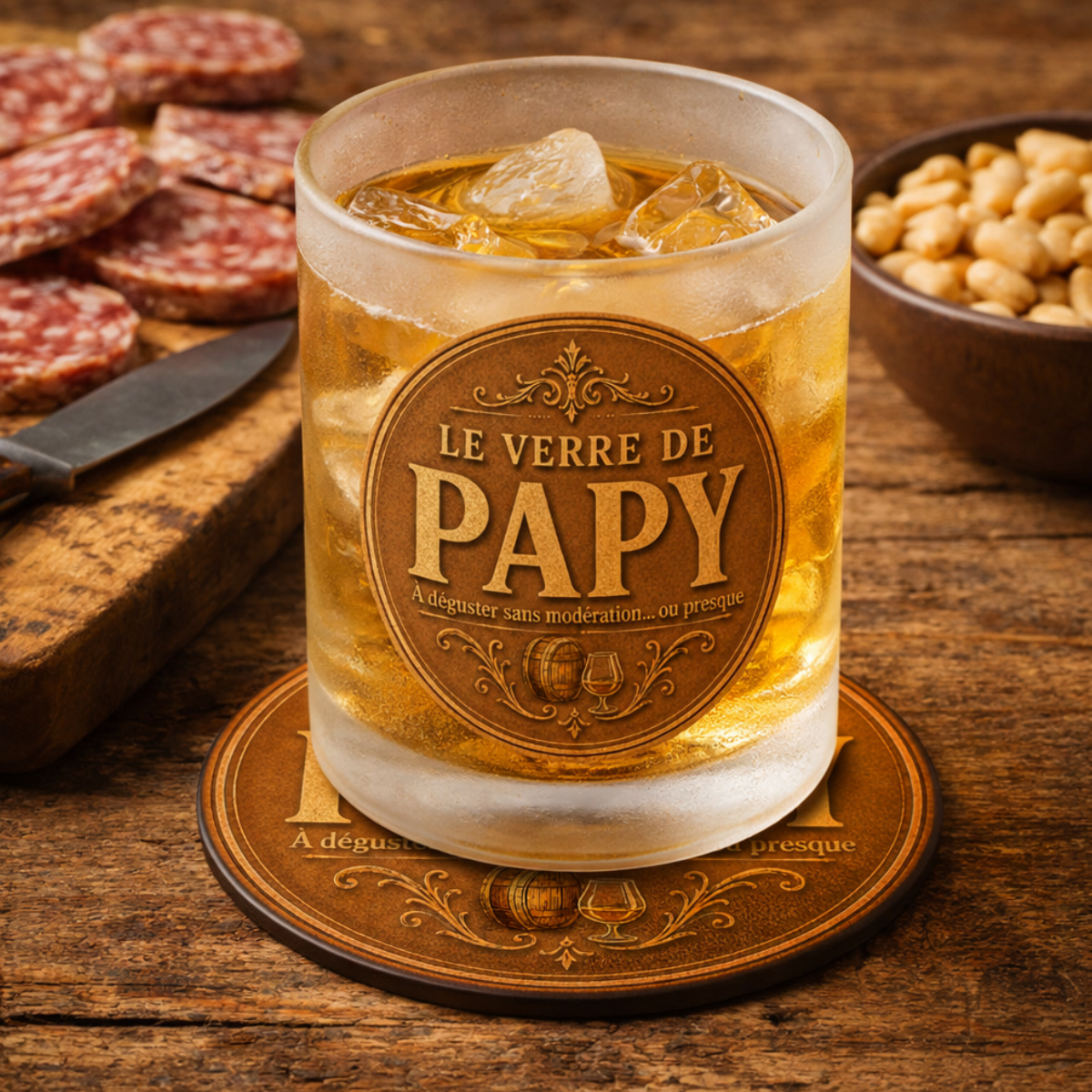 Verre de papy avec Sous-Verre Assorti