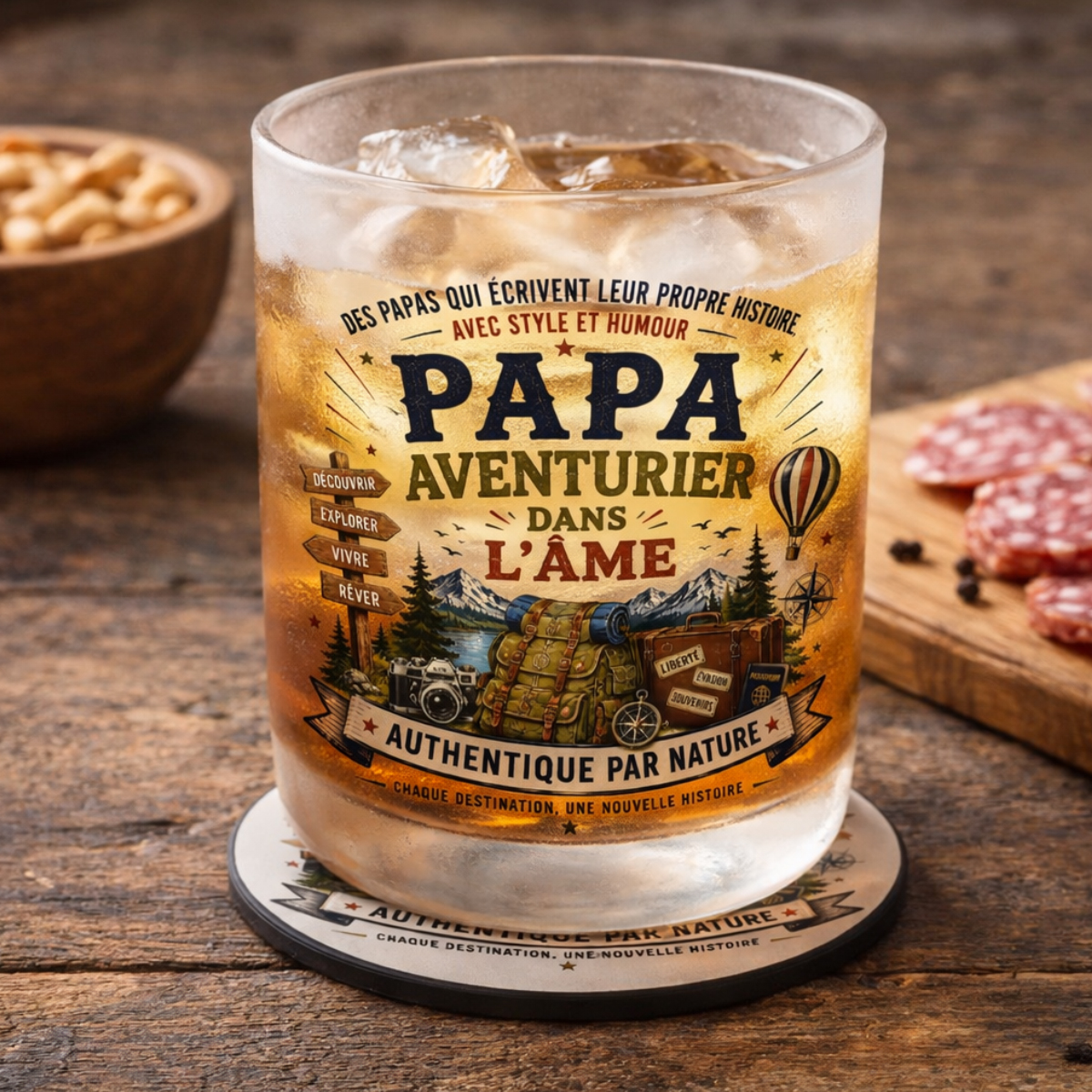 Verre Papa Aventurier dans l��me avec Sous-Verre Assorti