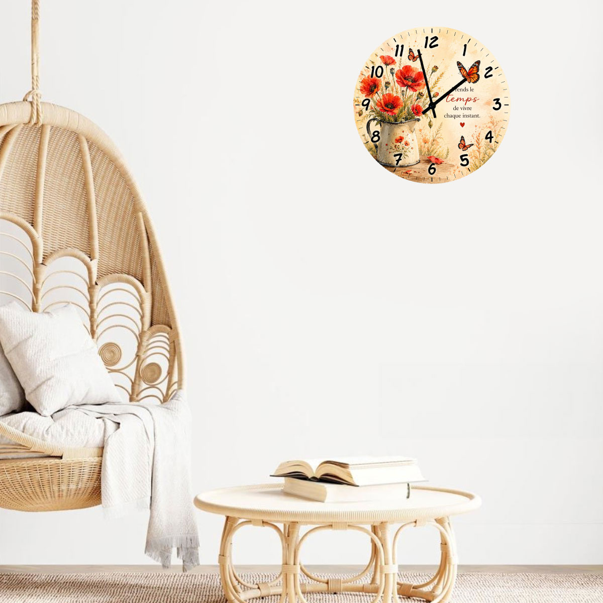 Horloge Murale Verre Coquelicots et Papillons 29 cm
