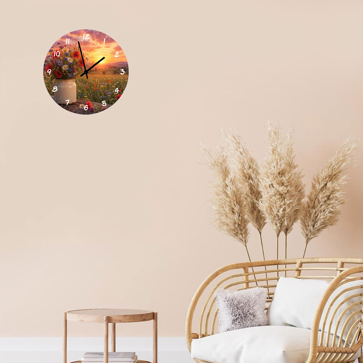 Horloge Murale Verre Bouquet Champ�tre au Coucher du Soleil 29 c