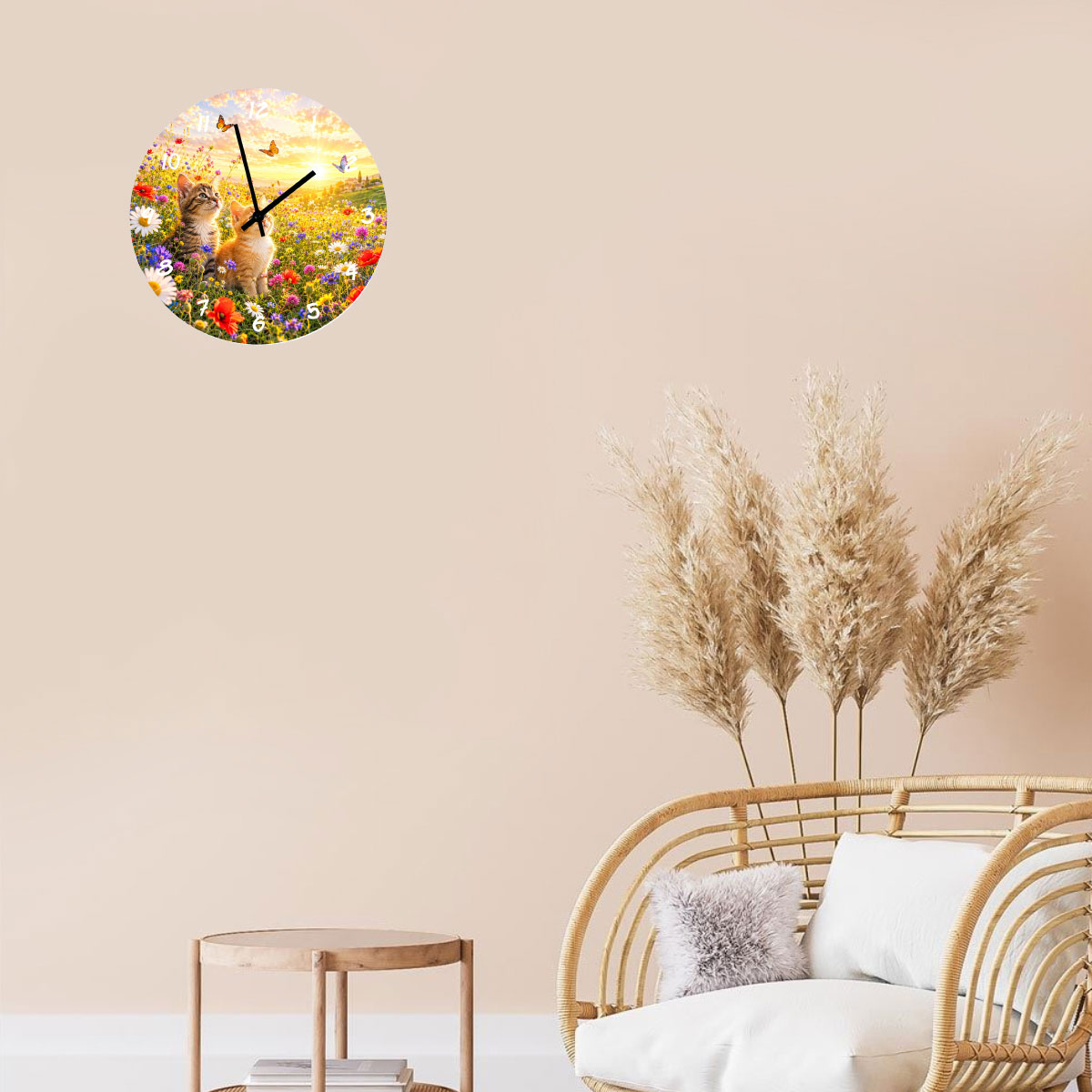 Horloge Murale Verre 29 cm Chatons dans un Champ Fleuri