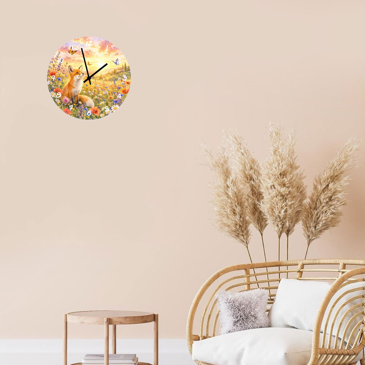 Horloge Murale Verre 29 cm Renard dans un Champ Fleuri