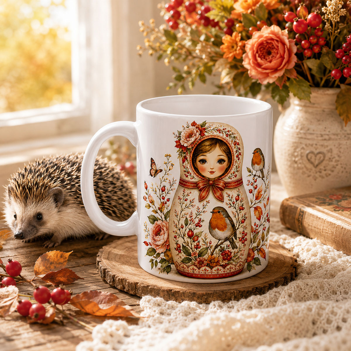 Mug poup�e russe rouge-gorge automnal 350 ml