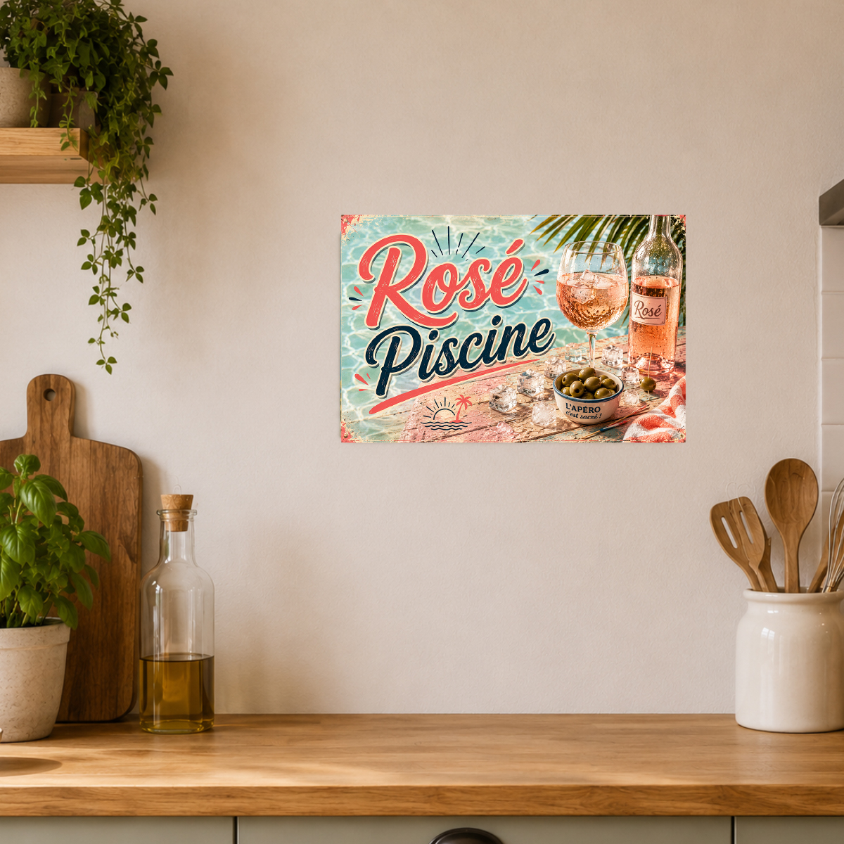 Plaque m�tal humoristique Ros� piscine 30 x 20 cm