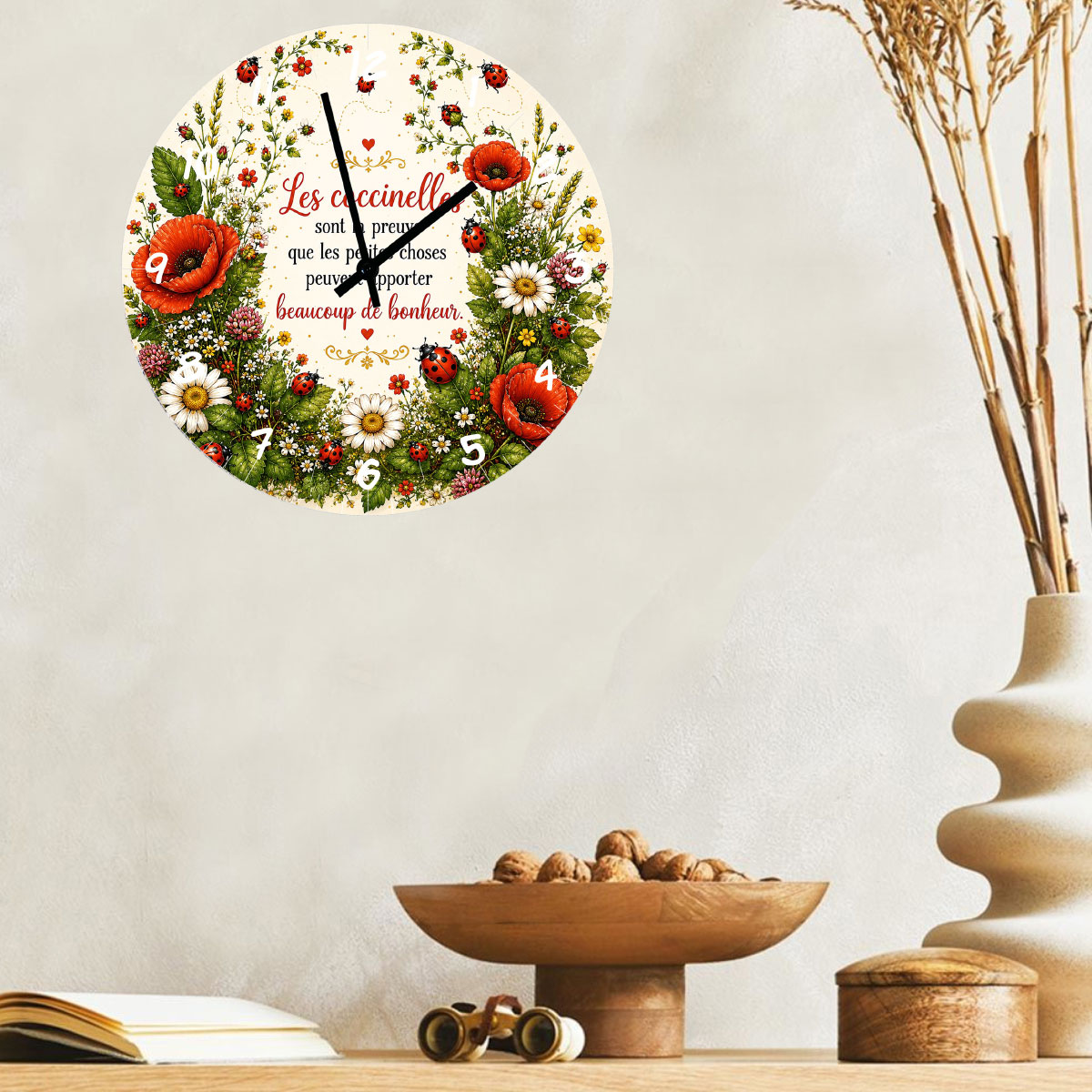 Horloge Murale Verre Coccinelles et Fleurs des Champs 29 cm