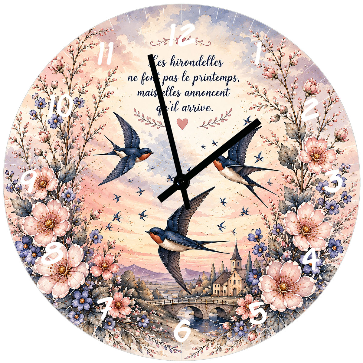 Horloge Murale Verre Hirondelles et Citation Printani�re 29 cm