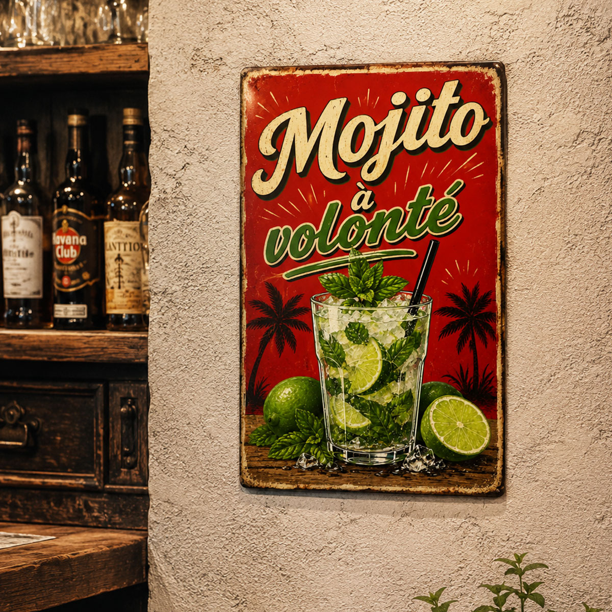 Plaque m�tal Mojito � volont� d�co bar vintage 30 x 20 cm