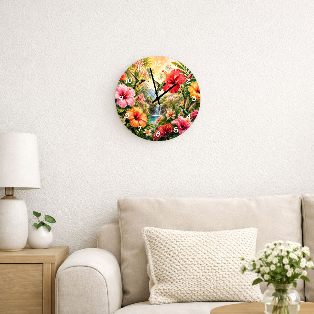 Horloge murale en verre colibris et hibiscus � 29 cm