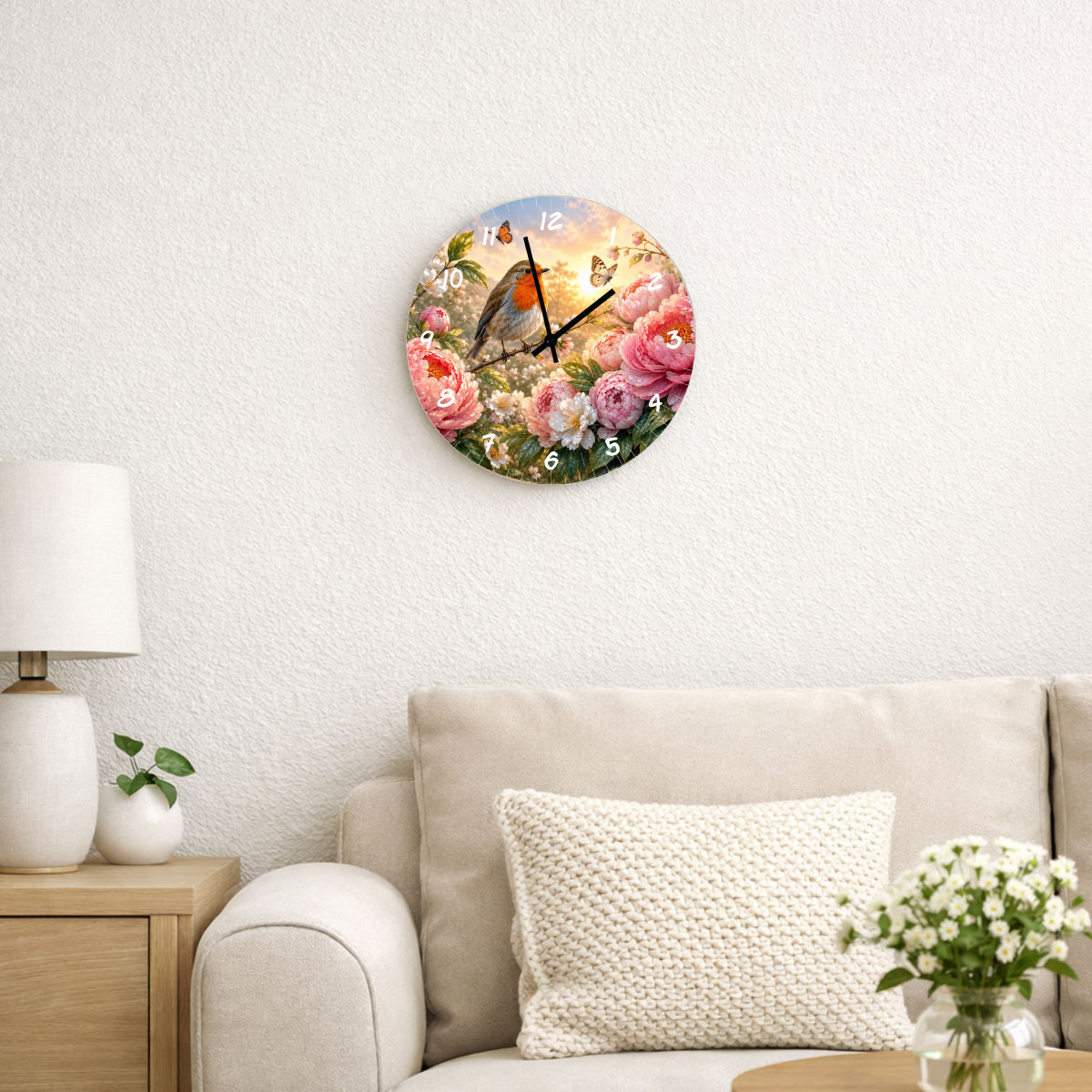 Horloge murale en verre rouge-gorge et pivoines D29 cm