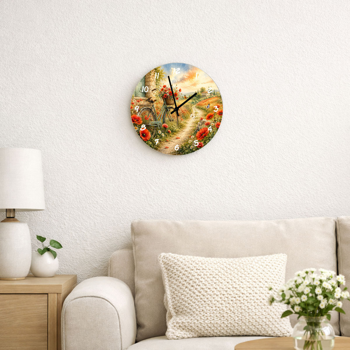 Horloge murale v�lo et coquelicots paysage champ�tre 29 cm