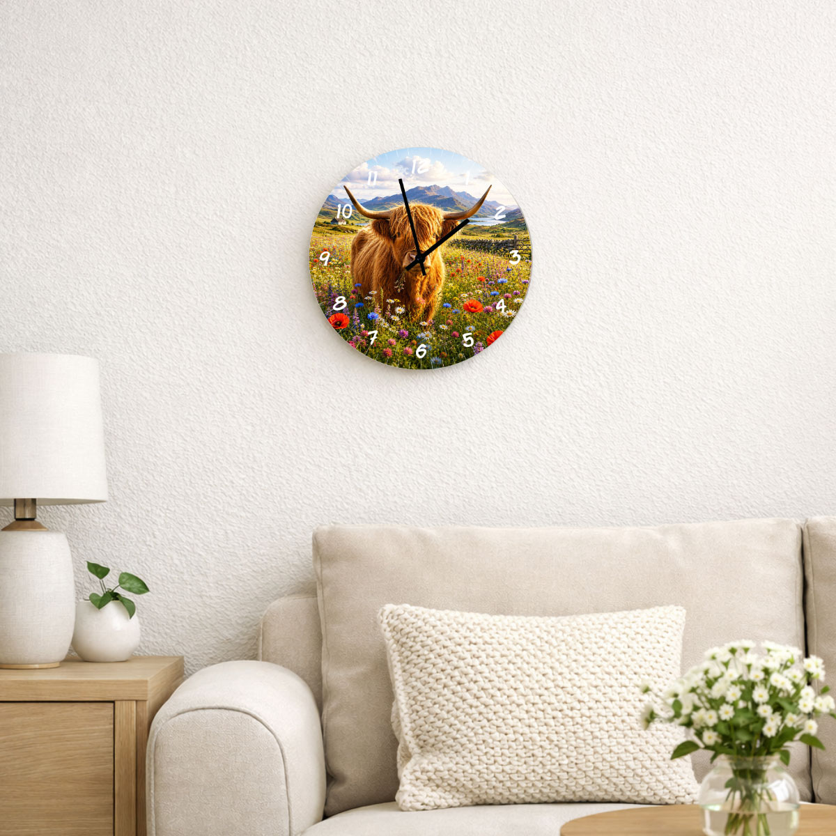 Horloge murale Vache Highland en verre 29 cm d�coration nature