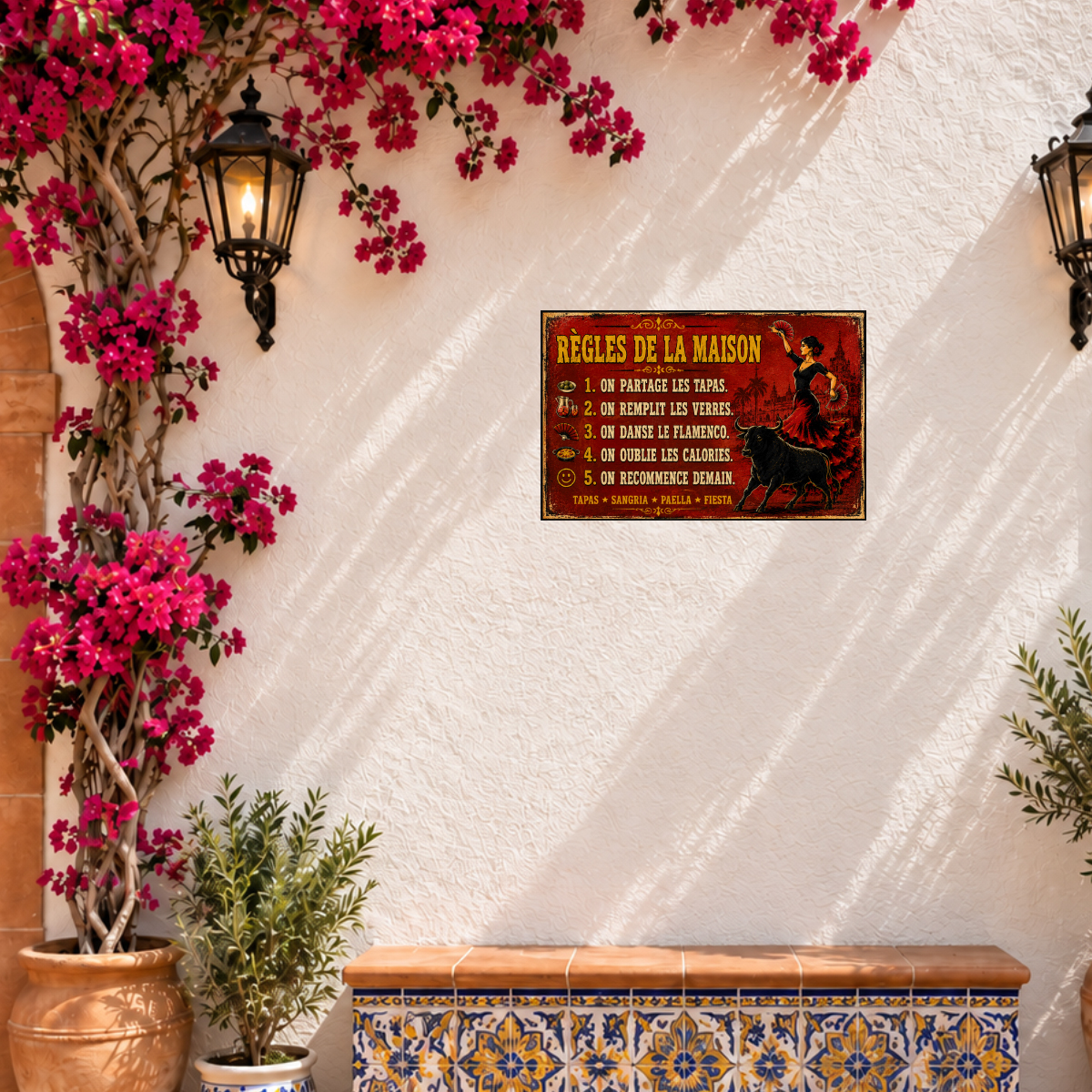Plaque m�tal R�gles de la maison tapas sangria 30 x 20 cm