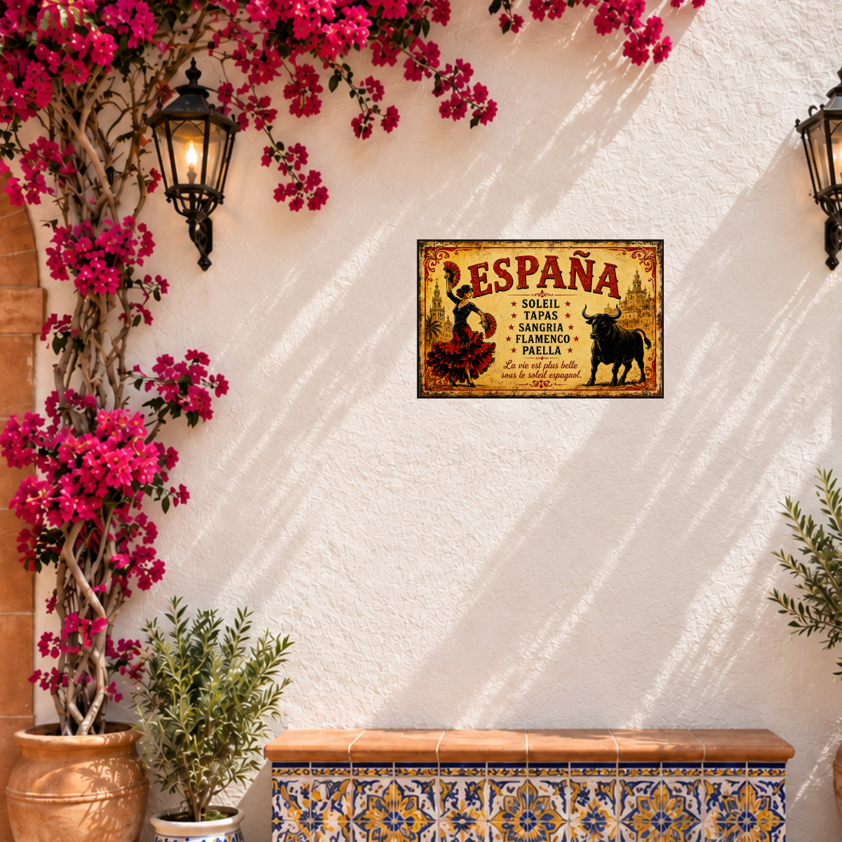 Plaque m�tal Espa�a Soleil Tapas Sangria Flamenco 30 x 20 cm