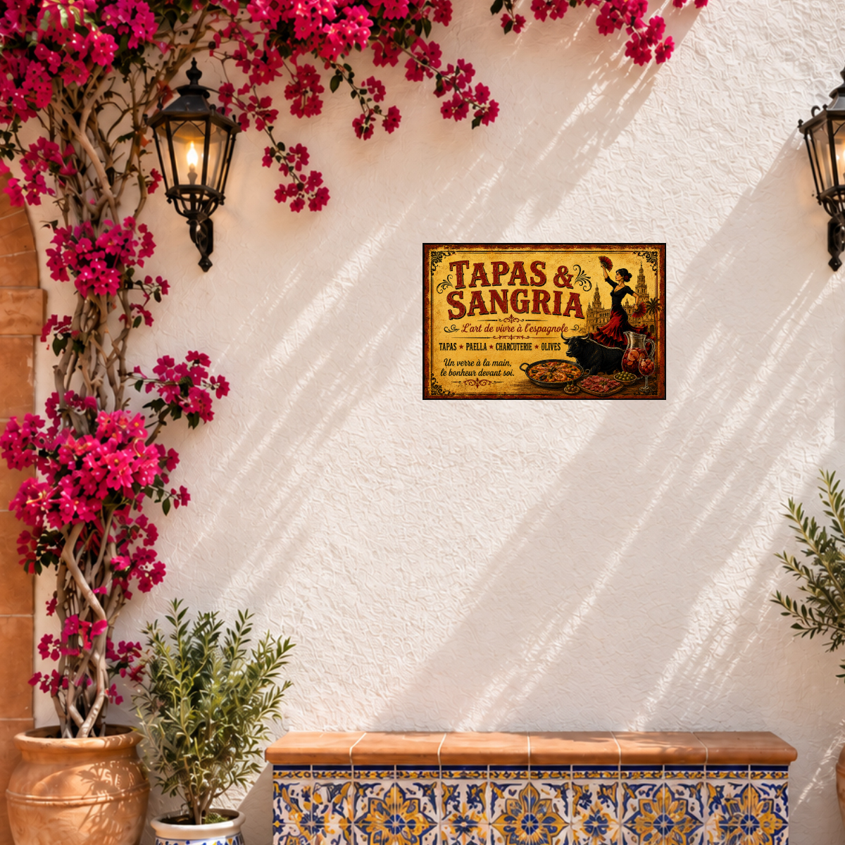 Plaque m�tal Tapas & Sangria Espagne vintage 30 x 20 cm