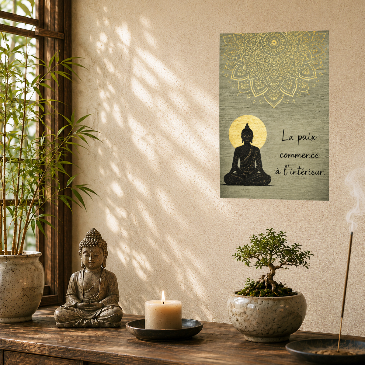 Plaque m�tal Bouddha zen � La paix commence � l'int�rieur �