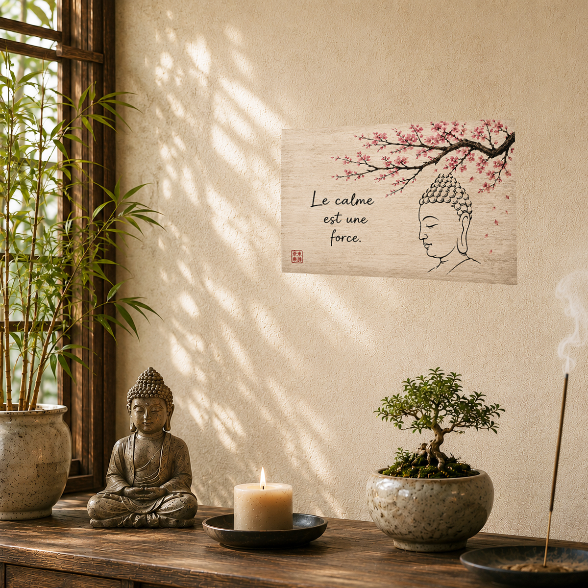 Plaque m�tal zen Bouddha � Le calme est une force �