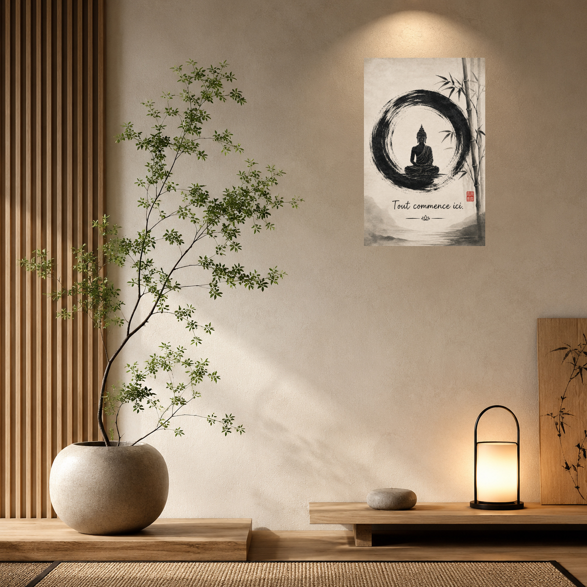 Plaque m�tal Bouddha zen Tout commence ici 30 x 20 cm