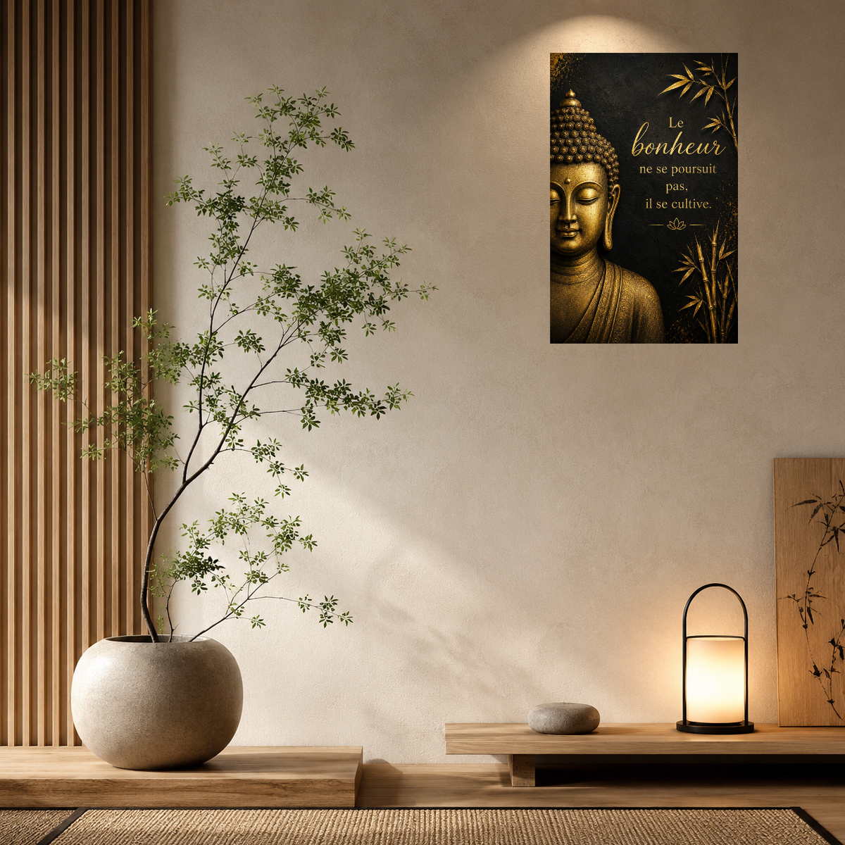 Plaque m�tal Bouddha zen � Respire le pr�sent � 30 � 20 cm