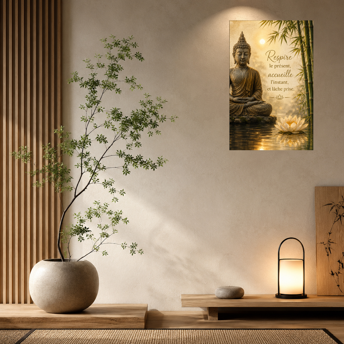 Plaque m�tal Bouddha zen � Respire le pr�sent � 30 � 20 cm