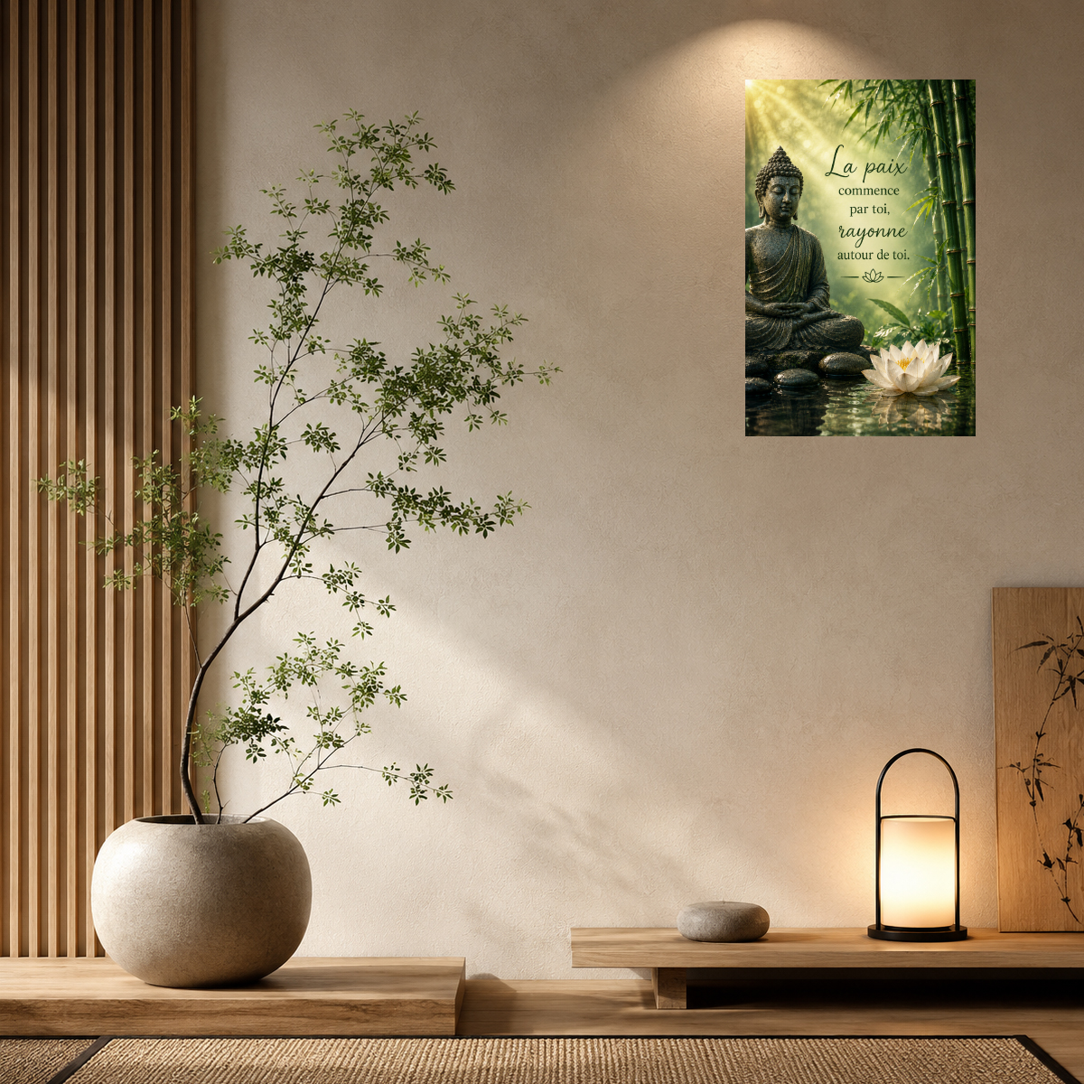 Plaque m�tal Bouddha zen message paix 30 � 20 cm