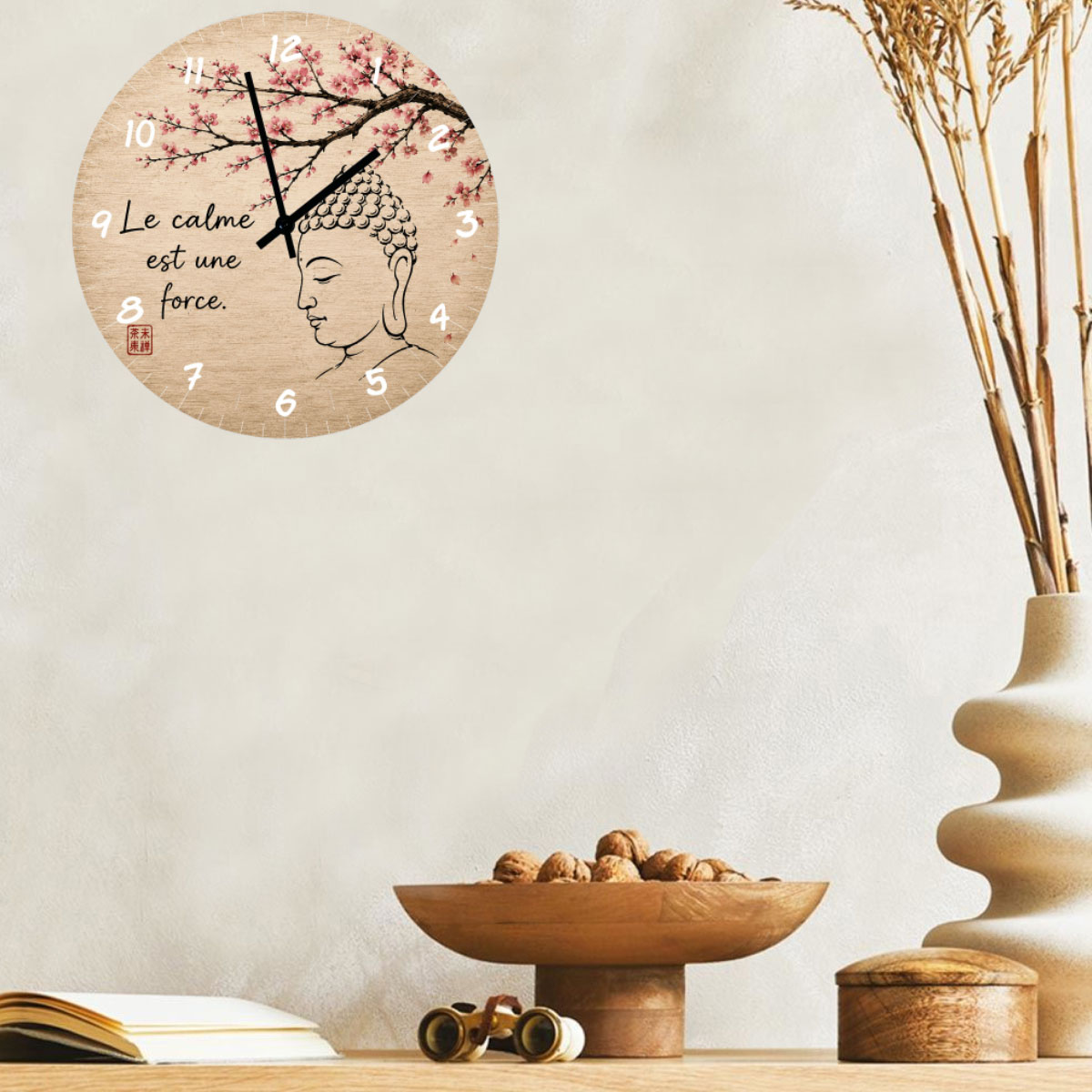 Horloge murale en verre zen 29 cm Bouddha Le calme est une force