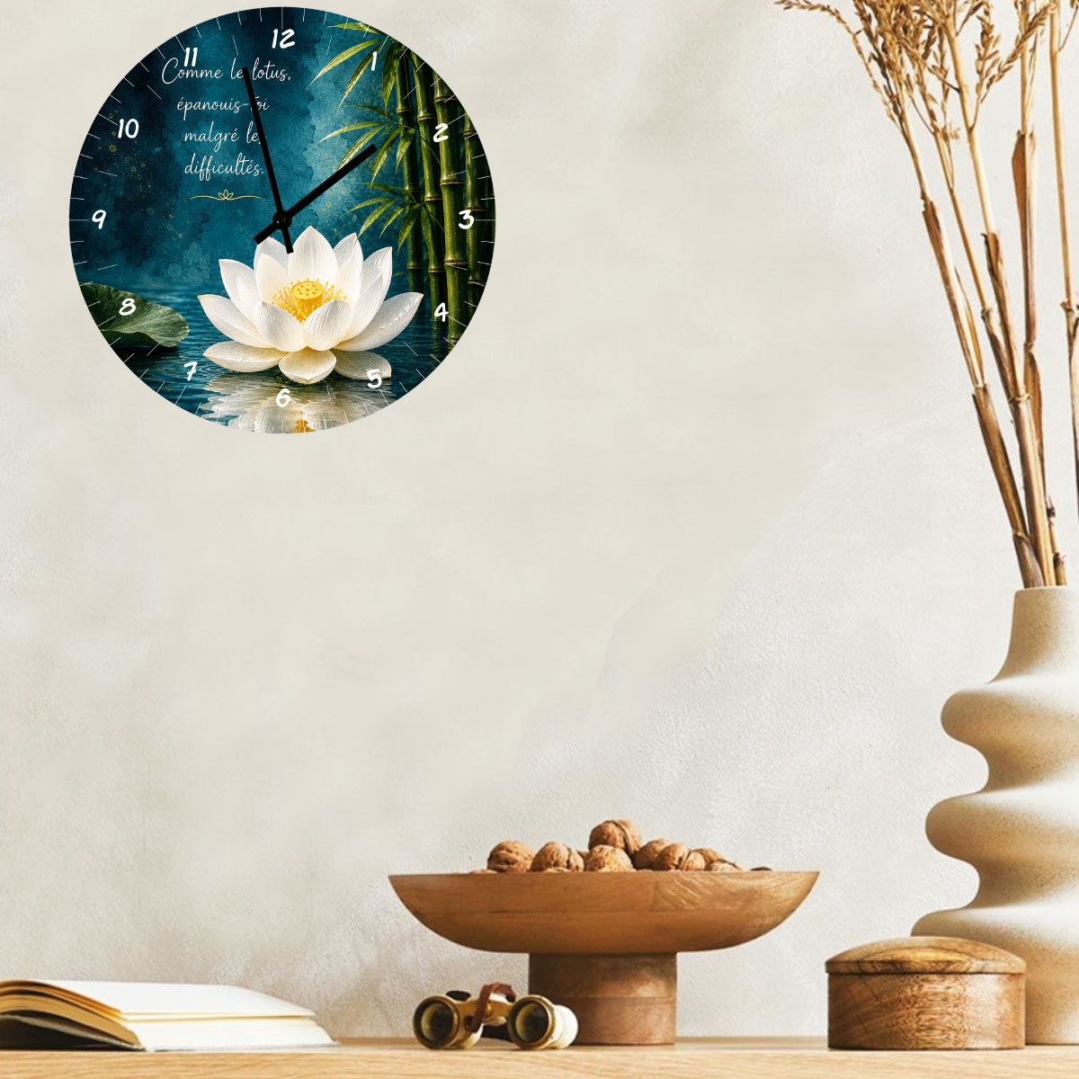 Horloge murale en verre lotus et bambou � 29 cm