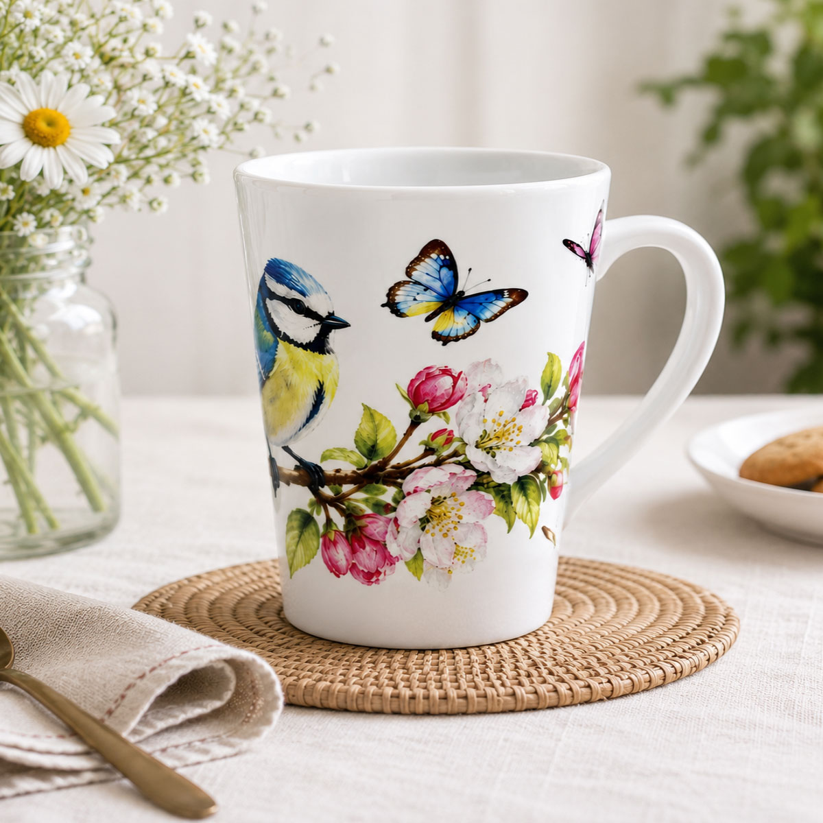 Mug conique oiseau bleu et fleurs de cerisier 320 ml