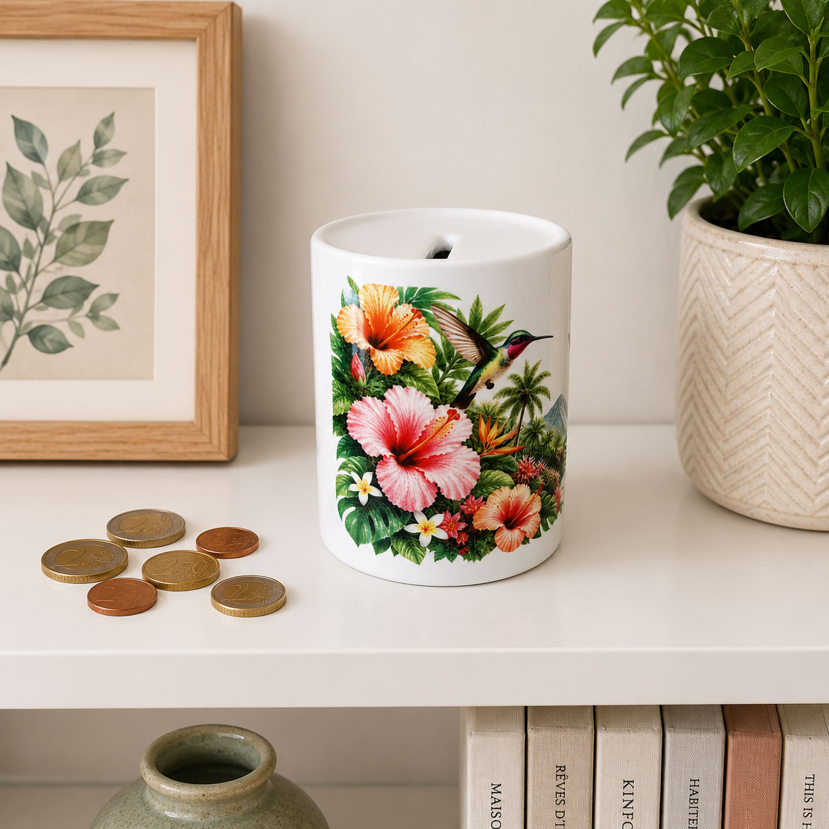 Tirelire c�ramique colibris et fleurs tropicales