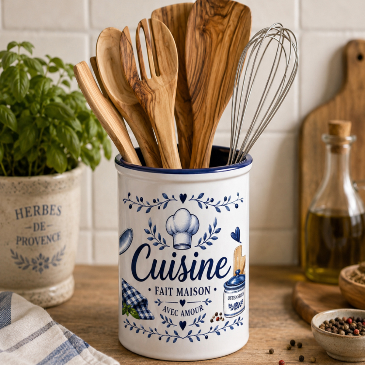 Pot � ustensiles cuisine fait maison avec amour en c�ramique