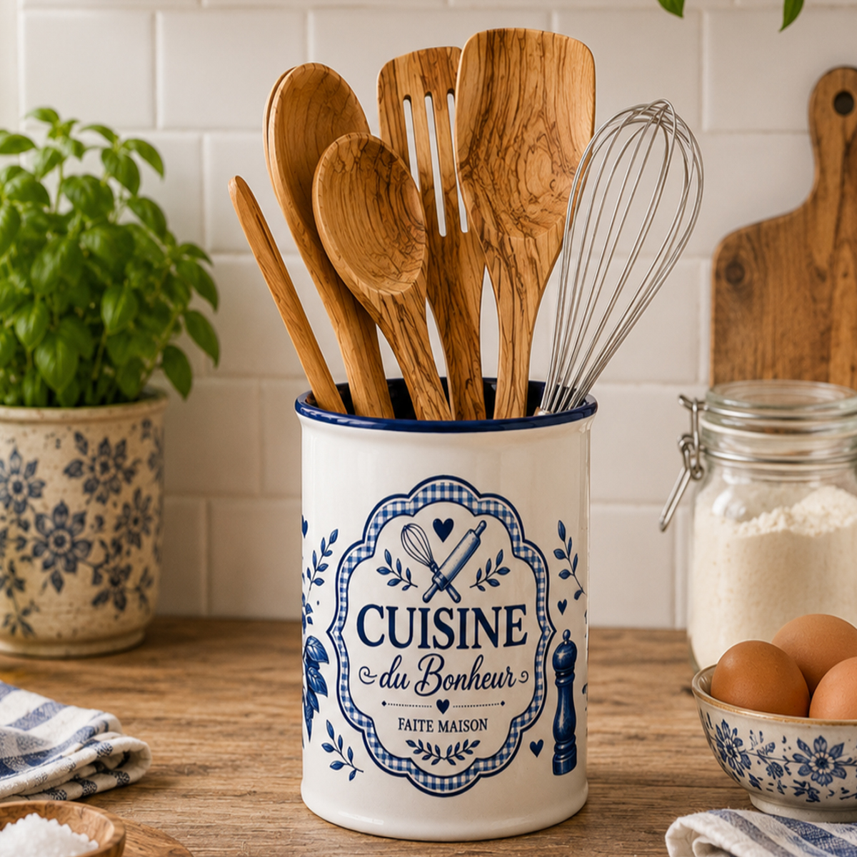 Pot � ustensiles cuisine du bonheur en c�ramique